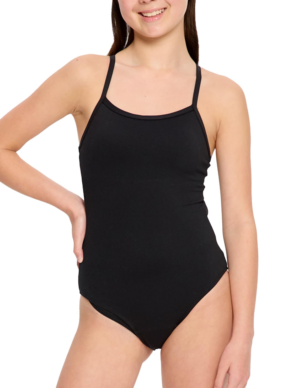 Modibodi Black Leakproof Period Swimwear For Teens - Thin Strap One-Piece Performance Swimsuit - Light-Moderate 10Ml Absorbency - Y08-10