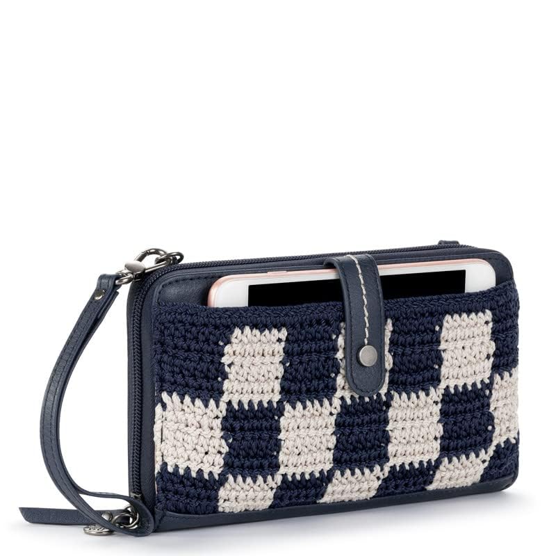 The Sak Iris Large Smartphone Crossbody Bag in Crochet and Faux Leather, Convertible Wristlet Purse Design, Denim Check3