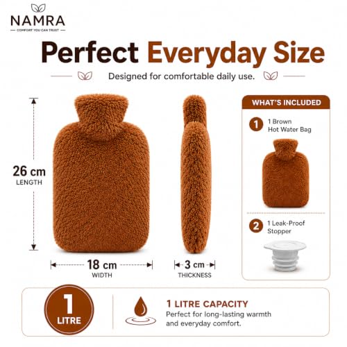 Image of Hot Water Bag Brown 1000ml - Leakproof Heating Water Bottle for Warm Compress & Everyday Comfort | Long Heat Retention Hot & Cold Therapy Bag for Back, Neck & Relaxation