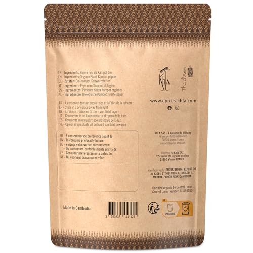 Khla - Kampot Pfeffer Schwarz Bio 100g - Schwarzer Pfefferkörner Ganz Biologisch - Grand Cru - Zutat Küchen - Direkt vom Erzeuger - Schwarze Körner Ganze für Mühle - Herkunft Kambodscha