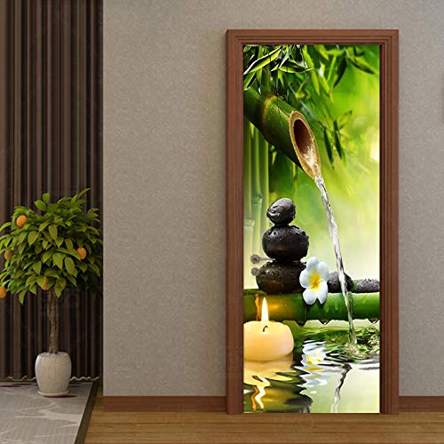 3D Stickers Porte Interieure,LMHWW Paysage De Bambou Vert Chinois Pvc Imperméable Et Amovible Poster Mural Effet Décoration Créatif Art Poster Salon Cuisine...