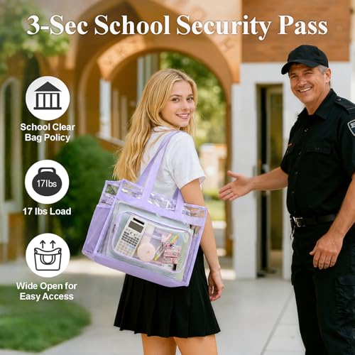 Image of PACKISM Clear Tote Bag for School - Large Heavy Duty Clear Tote for Girls | See Through PVC, Wide Zipper Opening, Front Pocket Keeps Essentials Visible for Students, Class, Work, Daily Carry, Age 12+