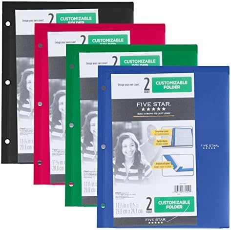 Five Star 2 Pocket Folder, Customizable Cover, Folder with Pockets, Fits 3 Ring Binder, Plastic, Black, Red, Green, Blue, 4 Pack (38098)