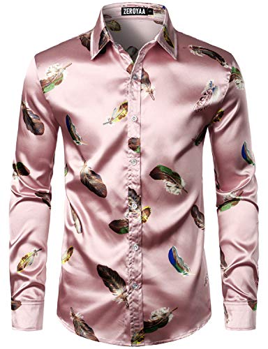 Image of ZEROYAA Men's Luxury Printed Silk Like Satin Button Down Dress Shirt for Party Prom