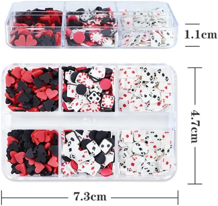 1 Box Holographic Poker Nail Charms Red Black White Peach Hearts Nail Sequins 3D Dice Nail Flakes Sparkly Powder Flakes Shiny Nail Glitter Playing Card Nail Sequins Glitter for Nails Art 6 Grids