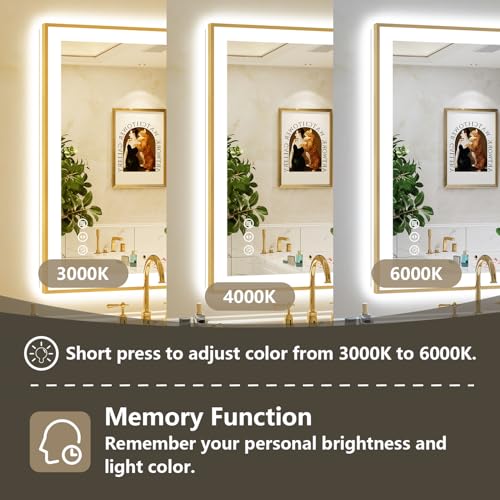 Image of 24x30 LED Bathroom Mirror with Lights, Gold Framed Lighted Mirror | Backlit and Front light, Anti-Fog, 3 Color Dimmable, Memory, Tempered Glass, IP54 Waterproof, UL Listed