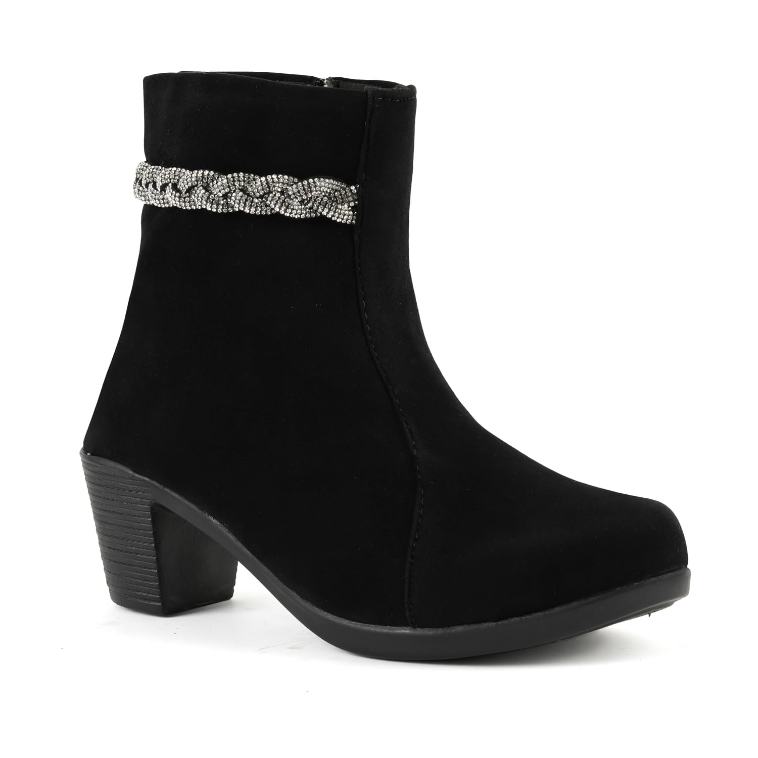 Women Faux Suede Ankle Boots with Bow & Stone Detail | Block Heel Side Zip Boots | Party & Casual Wear-image-49
