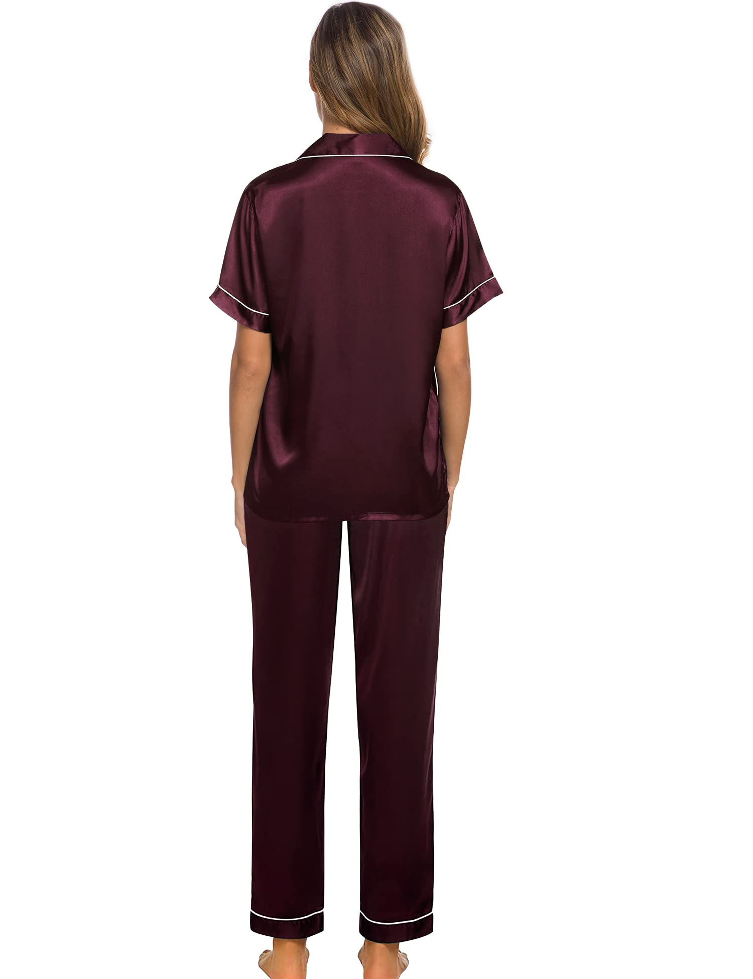 SWOMOG Women Satin Pajamas Set Short Sleeve Top & Pants Sleepwear Silky Button Down Nightwear 2pcs Loungewear Pjs Set