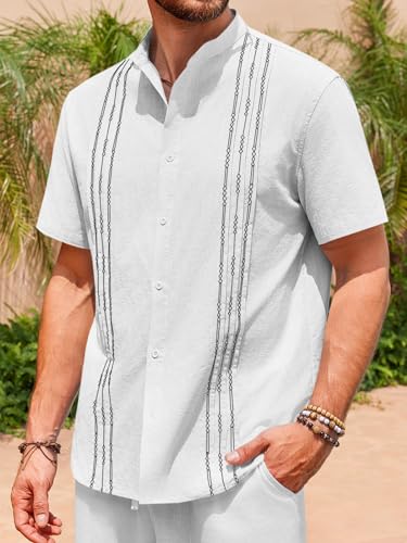 Image of Runcati Mens Short Sleeve Guayabera Shirts Linen Cotton Button Down Mexican Embroidered Cuban Wedding Shirt Summer Beach Tops