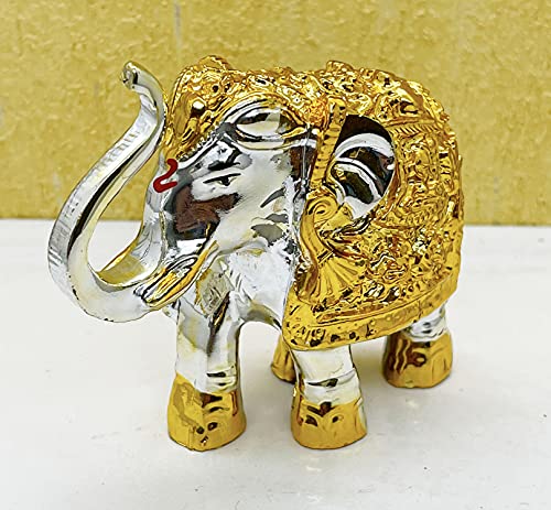 Image of Exclusive Fengshui Polyresin Elephant with Trunk Up with Golden Dress for Wealth Good Luck & Fortune. (ES-2604)