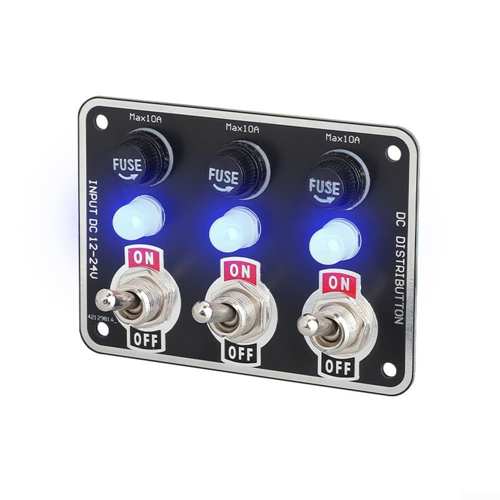 Pannello interruttore a bilanciere in metallo a 3 bande con scatola fusibili interruttore a LED per auto e barca, impermeabile IP66, 12-24 V CC, accessorio di controllo facile da usare
