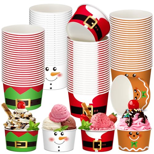 Domensi 100 Pcs 12 oz Ice Cream Cups Bowls Disposable Summer Party Paper Food Containers for Sundae Treat Snack Dessert Frozen Yogurt Summer Holiday Birthday Party Supplies(Santa)