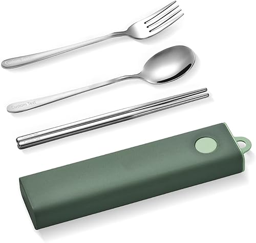 Miniatura 5 de Muka Juego de 3 utensilios portátiles personalizados, palillos de acero inoxidable, tenedor, cuchara de viaje con logotipo personalizado y nombre,