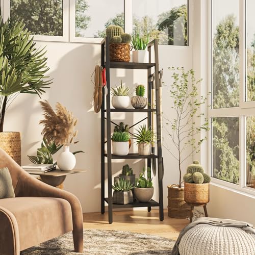 YMYNY 4 Tiers Ladder Bookcase, Industrial Narrow Bookshelf, Open Display Rack with 4 S Hooks, Metal Storage Shelves for Bedroom, Home Office, Living Room, Black, 49.2H*13.4L*11.8W, UHBC024B - Thumbnail 7