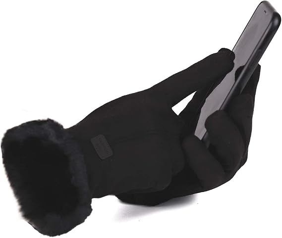 Mens Winter Suede Gloves Thermal Suede Leather and Warm Insulation, Black Gloves Women Gloves Women (Black, One Size)