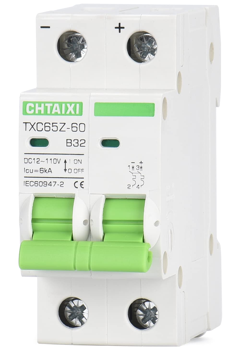 12V-110V DC Miniature Circuit Breaker, 32 Amp 2 Pole Battery Breaker Protector for Solar PV System and RV, Thermal Magnetic Trip, DIN Rail Mount, Chtaixi DC Disconnect Switch B32: Tools & Home Improvement