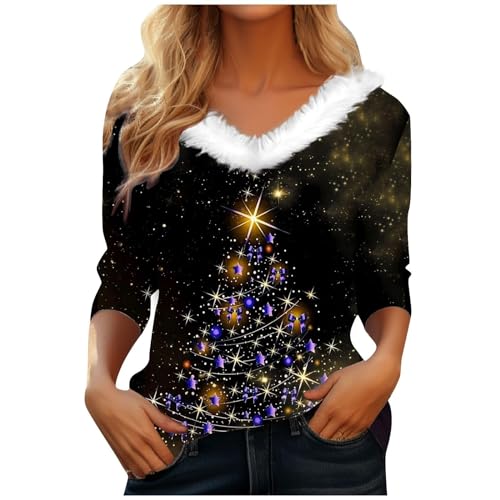 Image of DOPRISIC Womens Faux Fur Trim V Neck Christmas Sweaters Funny Long Sleeve Snowflake Graphic Holiday Sweatshirts Loose Blouse, A13-black, S