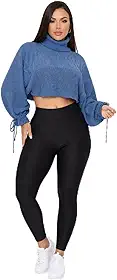 Blusa Cropped Feminina de Tricô Gola Alta Manga Bufante Look Elegante Outono Inverno