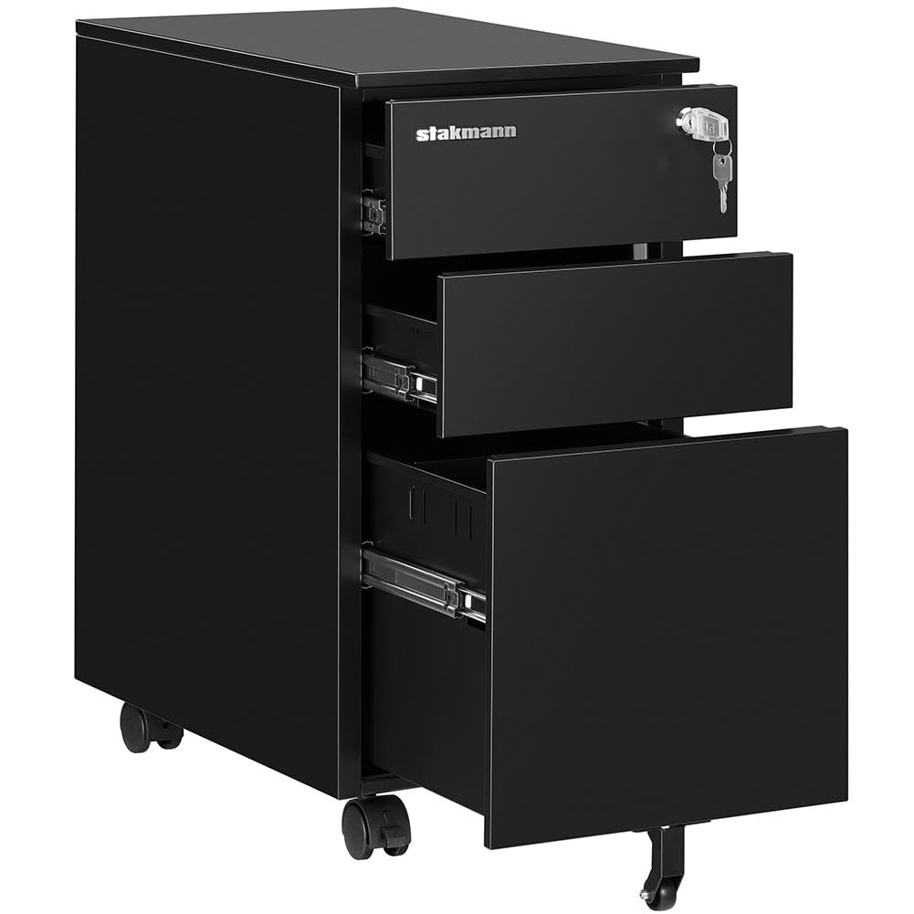 Armadio in Metallo da Ufficio con 2 Chiavi e Serratura, Cassettiera Nera Ideale per scrivania, Mobile Archiviazione Faldoni, Archivio Studio Porta Documenti, (2 + 1 Cassetti Nero)