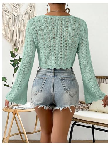 Image of SHENHE Women's Tie Front Cardigan Trumpet Sleeve Pointelle Knit Crop Tops
