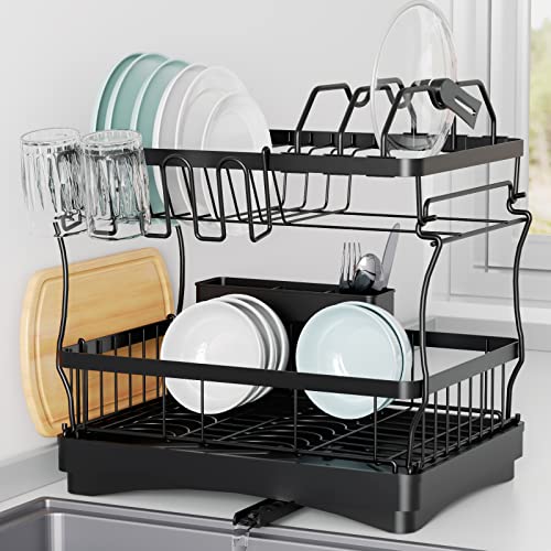 Aonee Dish Drying Rack, 2 Tier Dish Rack with Water Locking Function Drainboard, Pot Rack, Cutlery Holder, Cutting-Board Holder and Cup Holder, Large Dish Racks, Dark Black