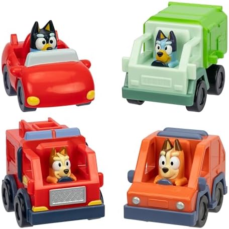Bluey Mini Racers, 4 of The Most Popular Vehicles in Mini Form. Roll and Race with Garbage Truck Bluey, Fire Truck Bingo, Convertible Bandit and Heeler 4WD Chilli, Collect Them All!