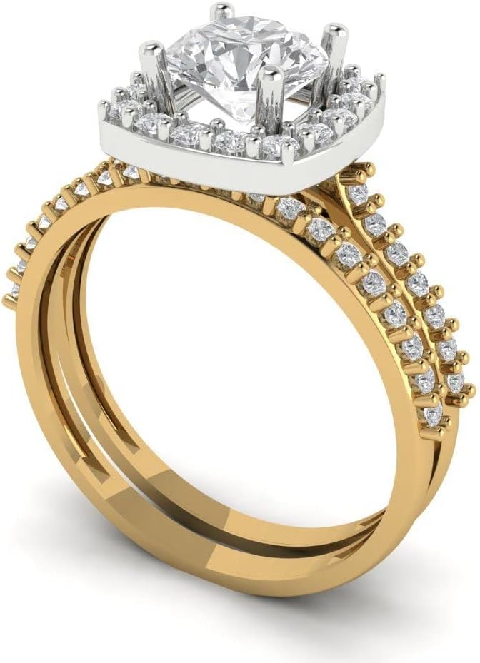 Clara Pucci 14K Yellow/White Gold Bridal Set for Women Moissanite Solitaire with Accents 1.495 carats Round Cut Birthstone Statement Ring Gift for Her Sizes 3.5 to 11