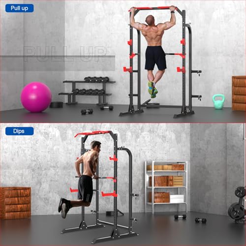 SunHome Power Cage Squat Rack, Multi-Functional Power Rack with Adjustable Cable Crossover System, J-Hooks, Dip Handles, Weight Plate Storage