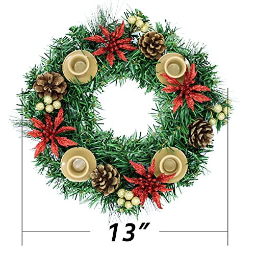 Christmas Advent Wreath For Fireplace And Table Centerpiece Décor, Advent Candle Holder With 4 Candle Ring 4 Pinecones 4 Red Poinsettia 4 Glitter Golden Berries And Evergreen Pine Branches #TOP6
