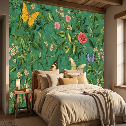 Tapisserie murale vert foncé haut de gamme effet 3D fleurs rétro 200x140cm - 4