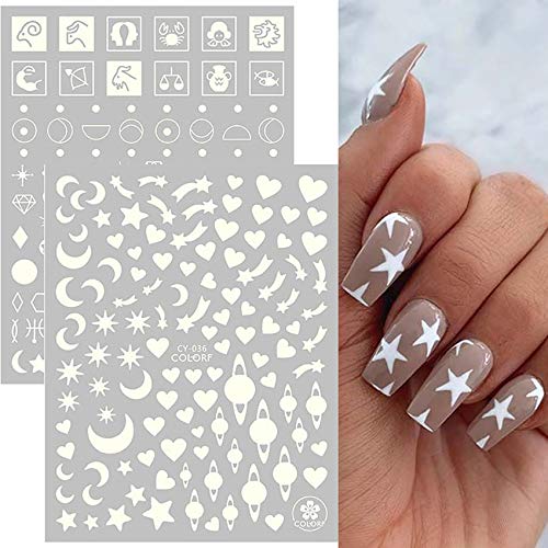 6 Sheets Luminous Flame Stars Moon Flowers Nail Art Stickers, 3D Self Adhesive Fire Constellation Star Butterfly Flower Heart Nail Design For Women Girls, Glow In Night, Diy Nail Decoration #TOP4