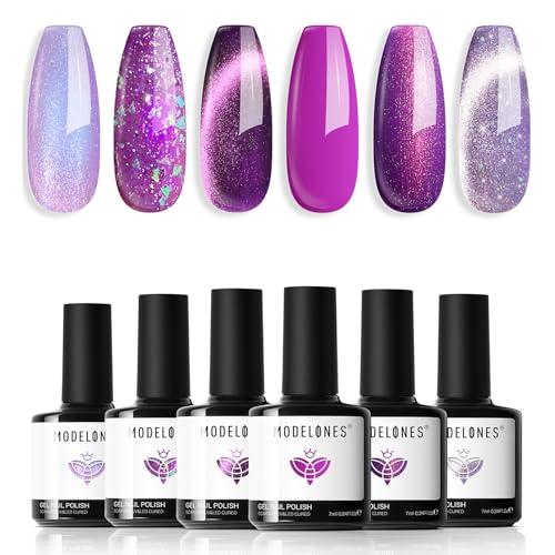 Image of modelones Gel Nail Polish Set 6 Colors Purple Silver Cat Eye Gel Nail Polish Glitter Purple Chameleon Sparkle Silver Shade Shimmer Magnet Polish Soak Off Led Nail Art DIY Salon Gift For Women Girl