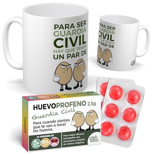 mundohuevo Pack Regalo Guardia Civil Original Taza Divertida “Para ser Guardia Civil hay que Tener un Par de Huevos” + Caramelos de Broma Huevoprofeno | Detalle Gracioso y Diferente