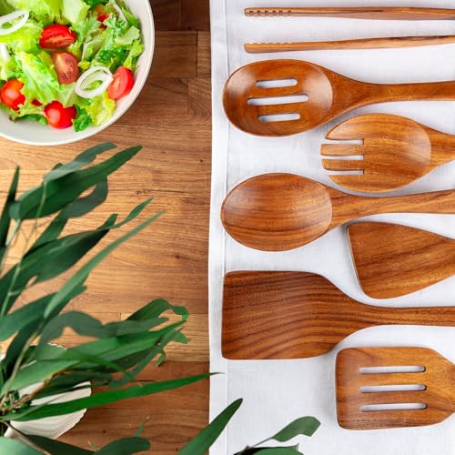 Image of Zulay Kitchen Teak Wood Utensil Set - 7 Piece Wooden Cooking Utensils - Slotted Spoon, Bowl Scraper, Solid & Slotted Turner, Salad Spoon, Fork & Tongs - Durable, Nonstick Safe & Smooth Finish