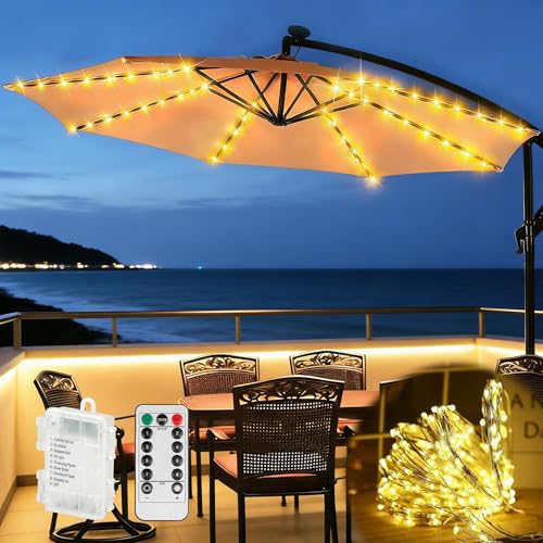 Guirlande Lumineuse pour Parasol, Lumières de Parasol Guirlande Lumineuse, 104LED Lampes pour Parasol de Patio à Piles avec Télécommande, Etanche Lumière...