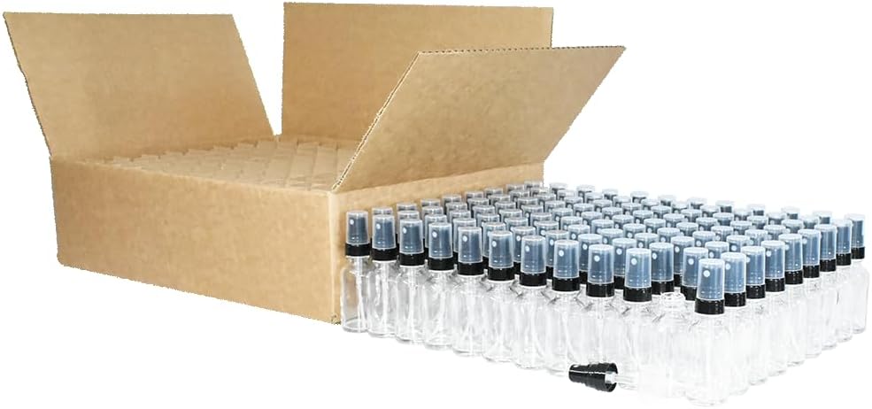 GlassBottleOutlet (Pack of 108) 1 oz. Clear Boston Round with Black Fine-Mist Sprayer