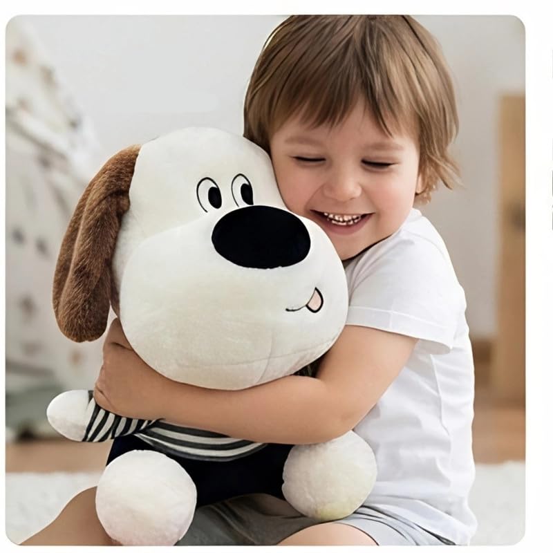 Image of Cute White Dog Soft Toy with Striped T-Shirt, Ultra-Soft Plush Stuffed Animal for Kids, Cuddly Puppy Toy for Boys and Girls, Durable & Washable, 32cm