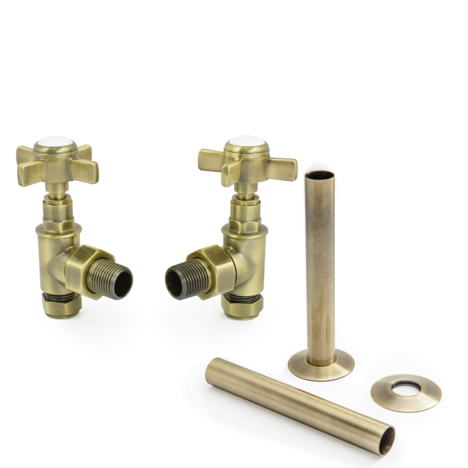 Hot Flow Antique Brass With Sleeve | Bayou Cross-Head Traditional Manual Radiator Valves (Pair) (Antique Brass With Sleeve)