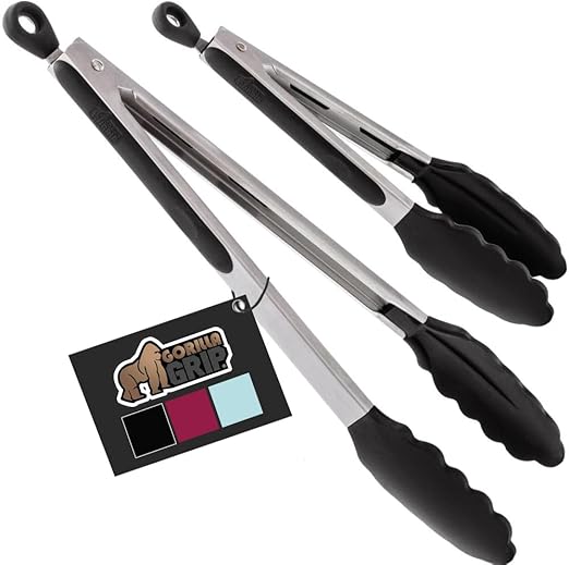 GORILLA GRIP Stainless Steel Heat Resistant Kitchen Tongs for Cooking, 9 + 14 Inch, Set of 2 BBQ Tong, Non Scratch Silicone Tip for Pan, Strong Grip, Grab Food, Toss Salad, Air Fryer, Pull Lock, Black