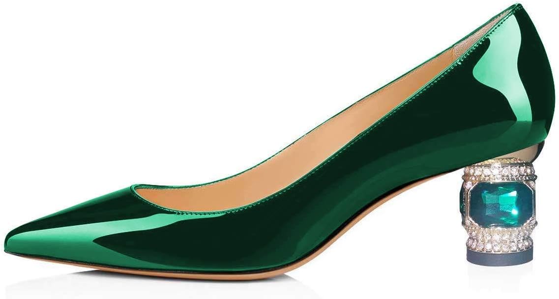 FSJ Women Bridal Pointed Toe Chunky Block Low Heel Crystal Pumps Slip on Wedding Thick Heel Comfort Shoes Size 4-15 US