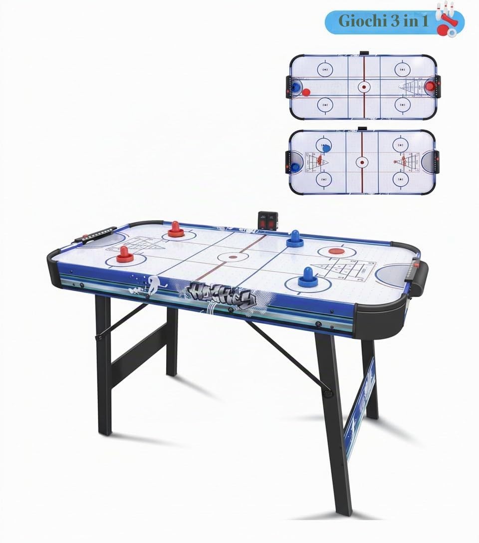 HLC Tavolo multigioco 3 in 1, Air Hockey Tavolo, Bowling, Shuffleboard, con ventilatore 12 V, misura 130 x 61 x 78 cm
