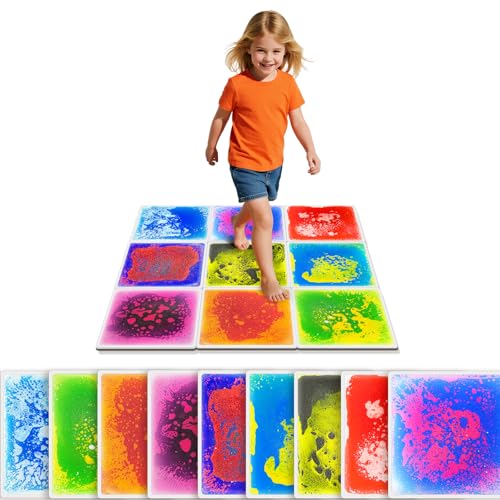 Liquid Sensory Floor Tiles for Kids Ages 3+ 12 Step-On Sensory Tiles with Non-Slip Base Interactive Color-Flow Assorted Colors Classroom & Group Activity Set (9-Pack)