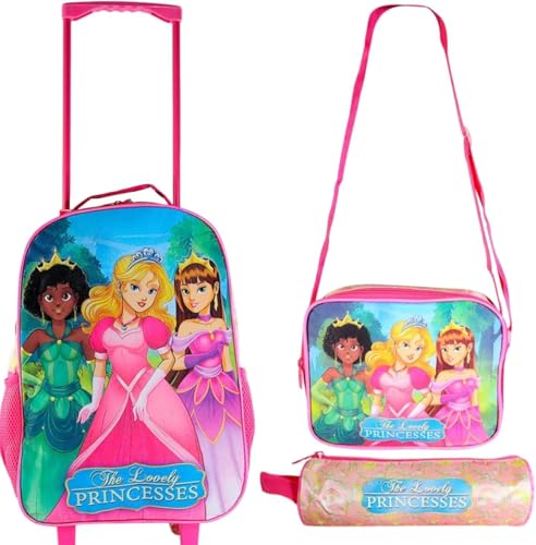 Mochila Escolar Princesas Kit Infantil Meninas De 3 Peças Com Rodinhas Silenciosas+Estojo+Lancheira Merendeira Com Alças - Conforto e Sofisticação