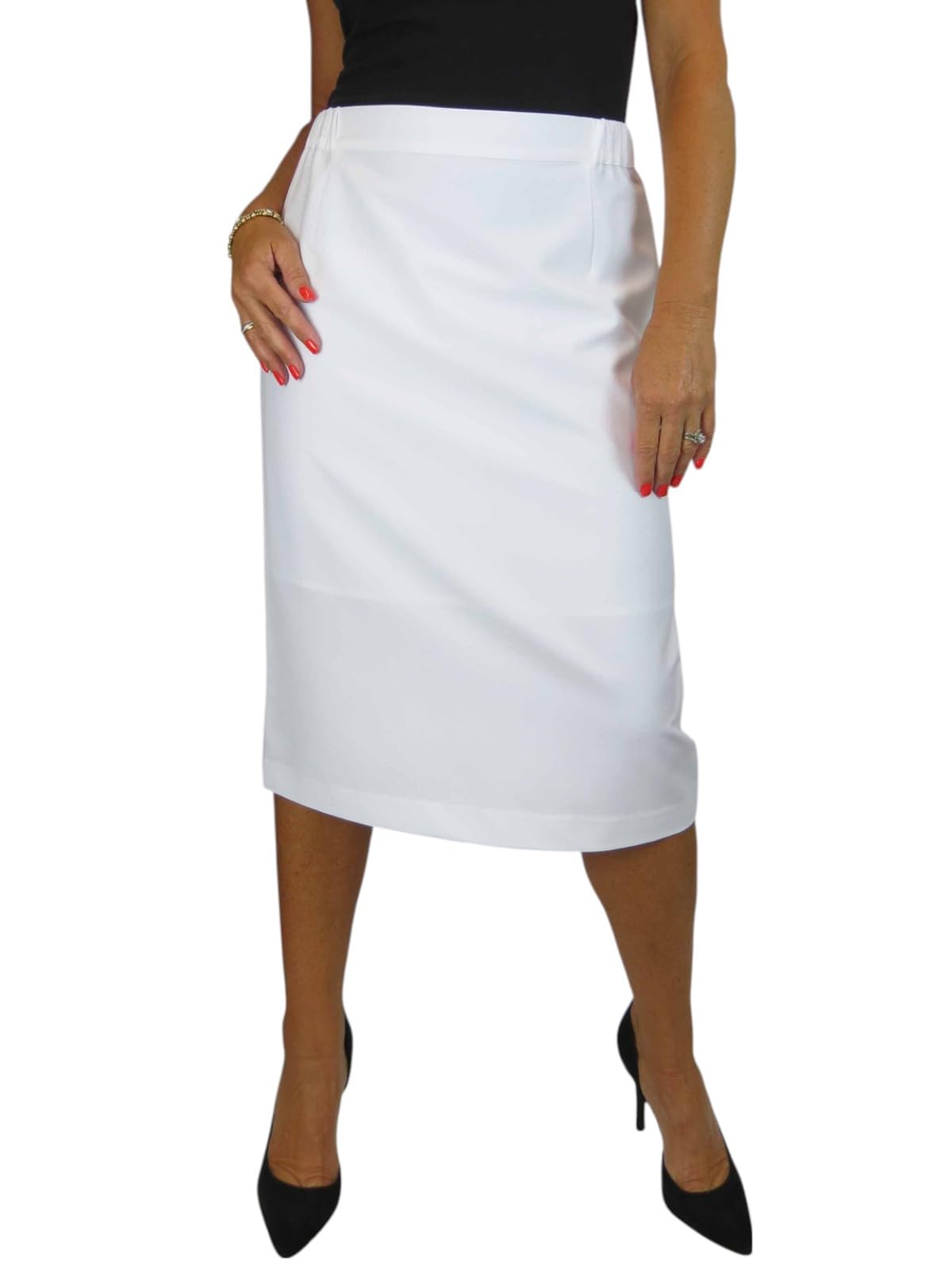 Paulo Due Women's White Lined Pencil Skirt For Smart Below Knee Elasticated Waist Skirt Office Evening 10-24 (24)