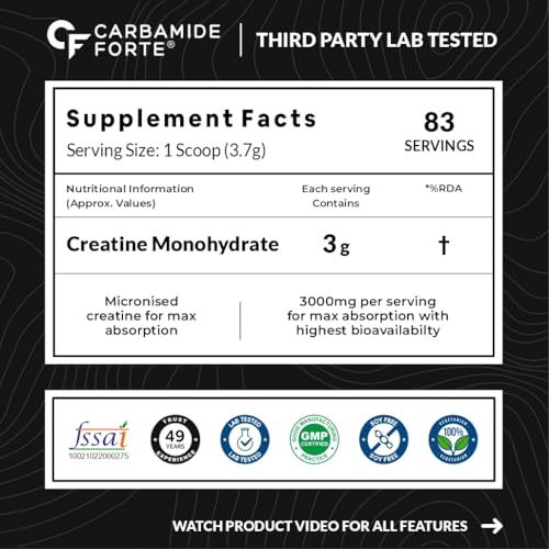 Image of Carbamide Forte Creatine Mono hydrate Powder | Micronized Creatine Monohydrate 308g | Micronized Monohydrate Creatine Supplement for Lean Muscle, Strength & Energy - Orange - 83 Servings - 308g