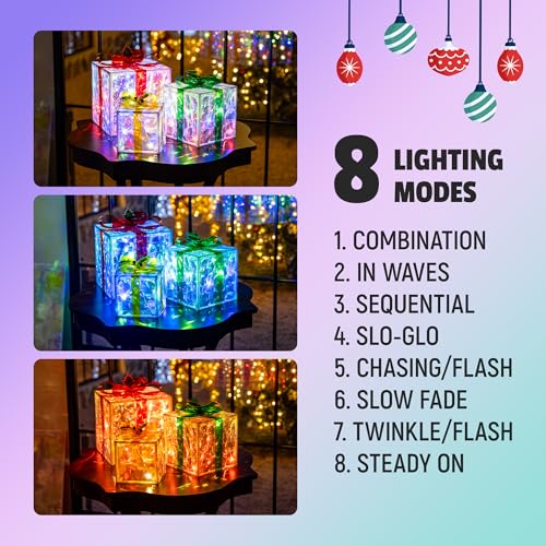 Set of 3 Christmas Lighted Gift Boxes,8 Light Modes Light Up Present Boxes Christmas Decorations for Indoor Outdoor Porch Yard Tree Holiday Decor(Color Changing) - Image 7