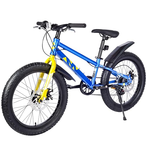 MAKELEN 20x3.0 Fat Tire Kids Mountain Bike Snow Bike Beach Bike for 7-10 Years Old Steel Frame Disc Brake Bike 7 Speeds, Blue&Yellow