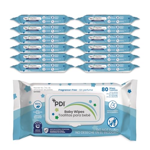 PDI Baby Wipes, 960 Count, Hypoallergenic, Eczema Safe, Fragrance Free, Plant-Based Wipes, Flip-Top Lid, 12 Packs of 80 Wipes Each