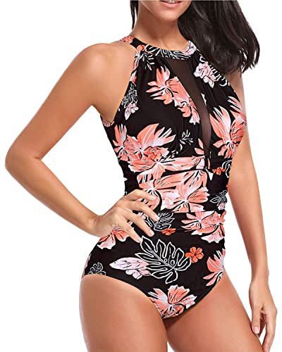 Image of Tempt Me Women One Piece Swimsuit Tummy Control Bathing Suit | High neck, Removable cups, Full coverage, Ruched, Mesh, Full lining