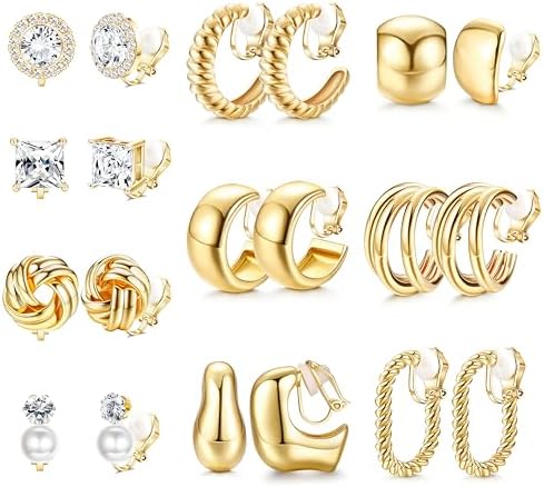 FIBO STEEL 10 Pairs Clip On Earrings for Women Non Pierced Ears CZ Pearl Knot Twist Chunky Hoop and Studs Earring Set Ear Clips Jewelry 14K Gold Plated